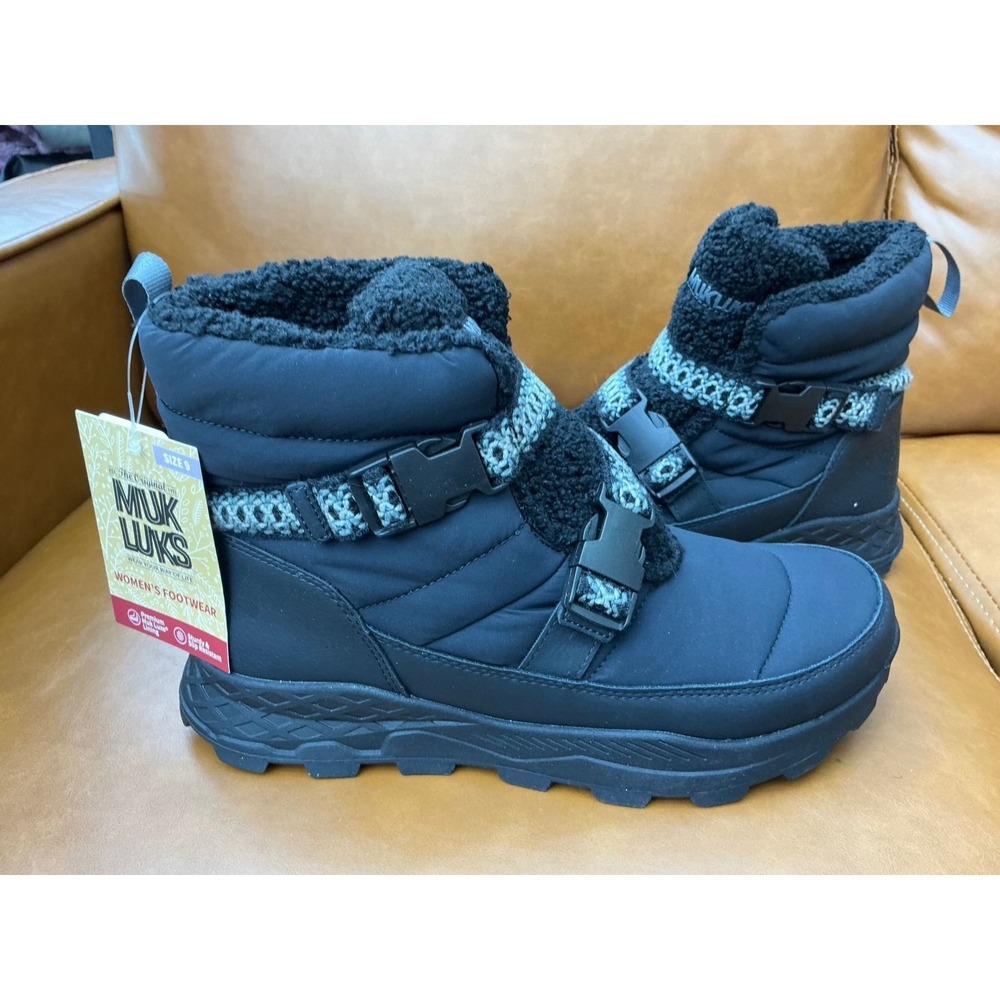 Muk Luks Winter Boots Womens Size 9 Black New Faux Fur Quilted Buckle